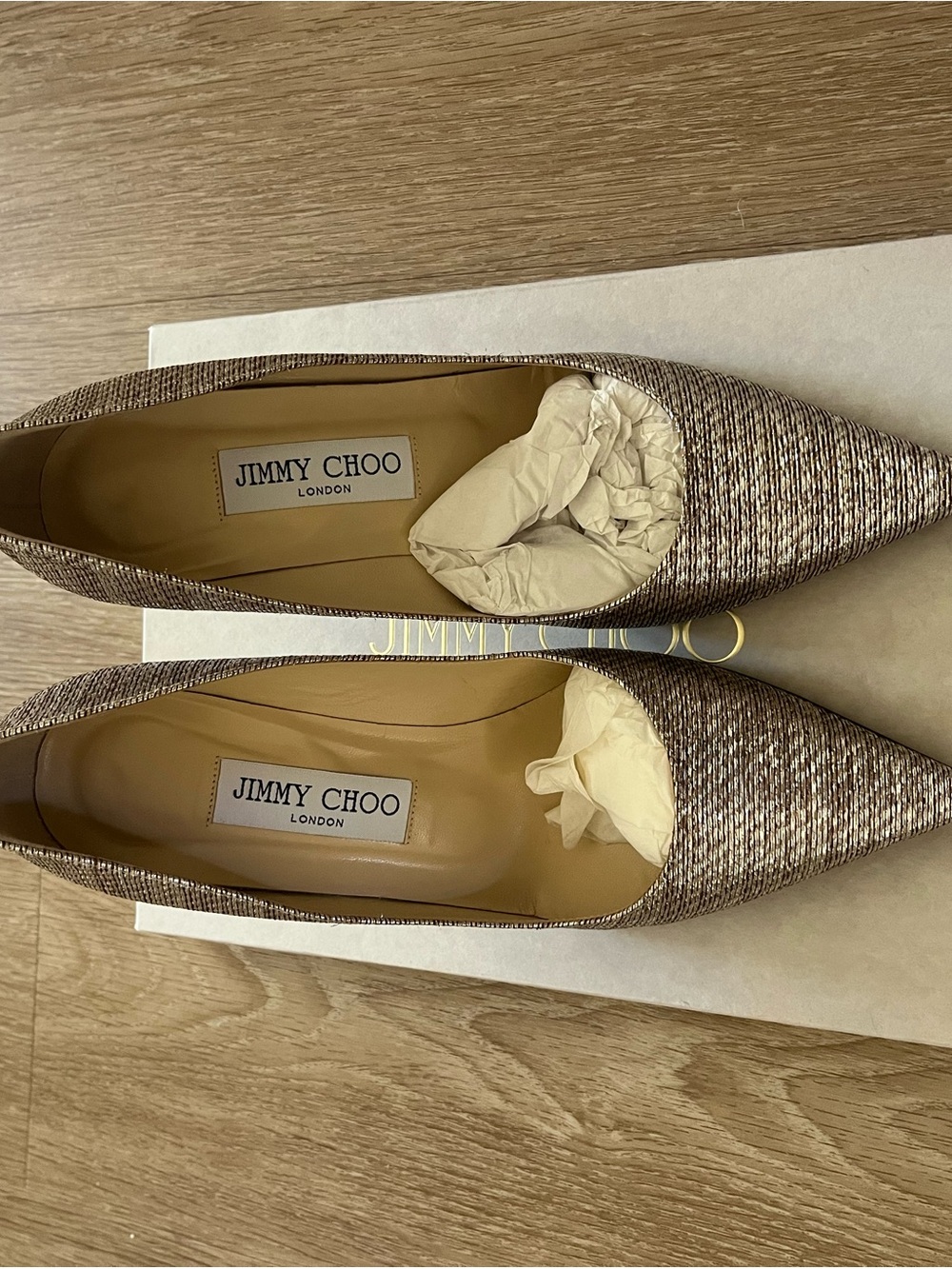 Jimmy Choo Metallic Woven Pointed-Toe Flats in Brown and Gold